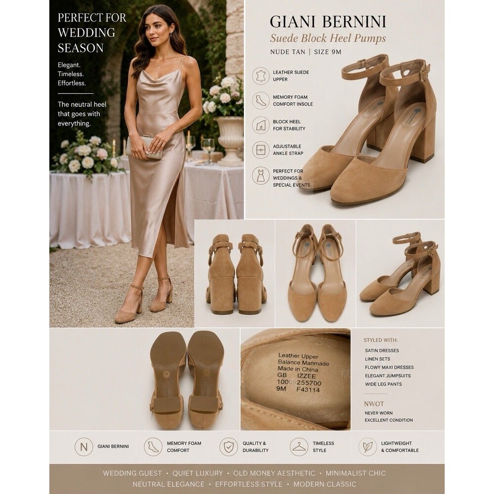 NWOT Giani Bernini Suede Block Heel Ankle Strap Pumps Nude Tan 9M